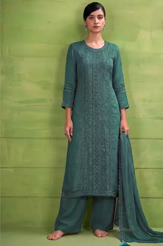 heavy hand embroidery teal blue chiffon suit for women