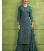 heavy hand embroidery teal blue chiffon suit for women