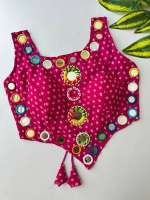 Rani pink navratri bandhani mirror work blouse 2