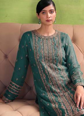 heavy hand embroidery teal blue chiffon suit for women 2