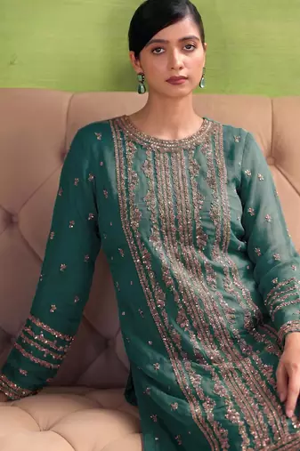 heavy hand embroidery teal blue chiffon suit for women