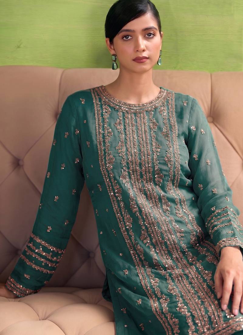 heavy hand embroidery teal blue chiffon suit for women