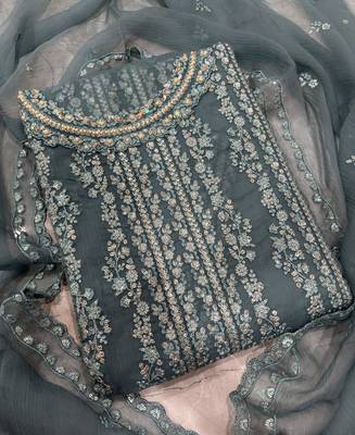 heavy hand embroidery teal blue chiffon suit for women 3