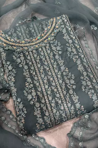 heavy hand embroidery teal blue chiffon suit for women