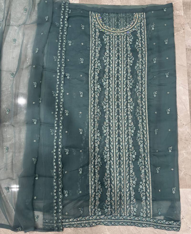 heavy hand embroidery teal blue chiffon suit for women