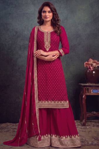 festival wear pink palaazo suit set for women silk blend 