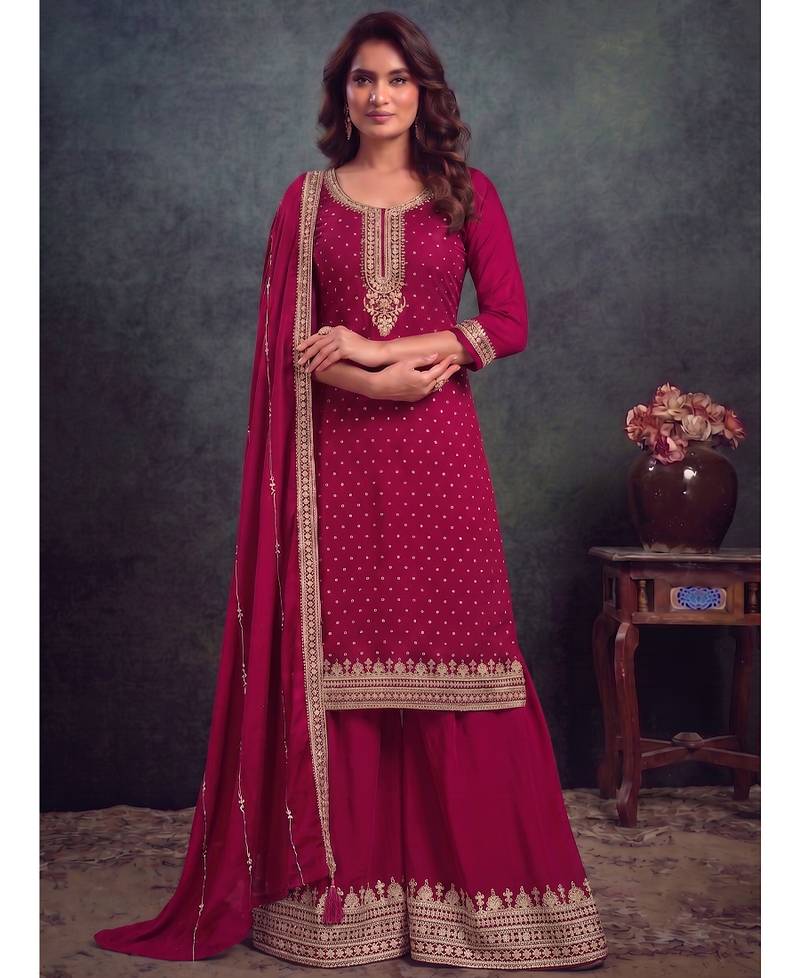 festival wear pink palaazo suit set for women silk blend 