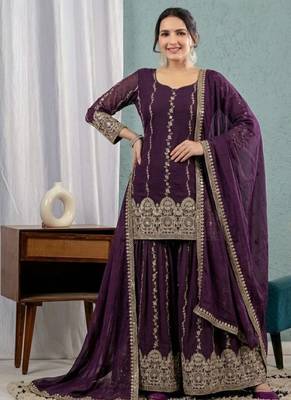 Wine purple embroidery crunchy silk full stitched sarara plazo 1