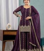 Wine purple embroidery crunchy silk full stitched sarara plazo