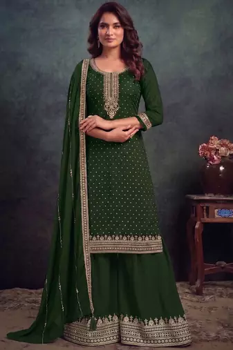 festival wear green palaazo suit set for women silk blend 