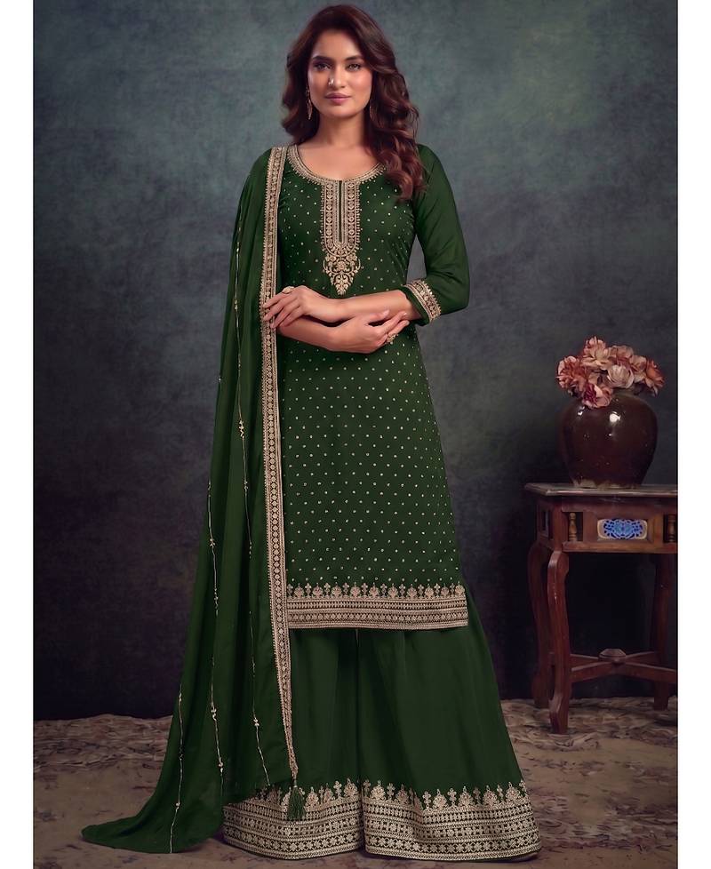 festival wear green palaazo suit set for women silk blend 