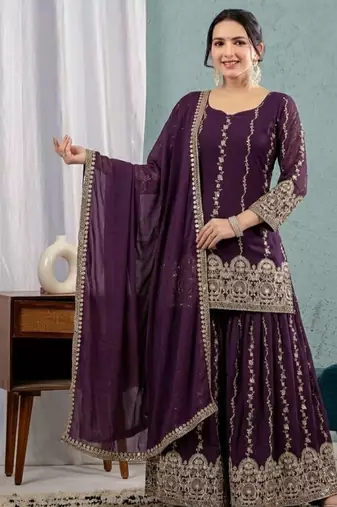 Wine purple embroidery crunchy silk full stitched sarara plazo