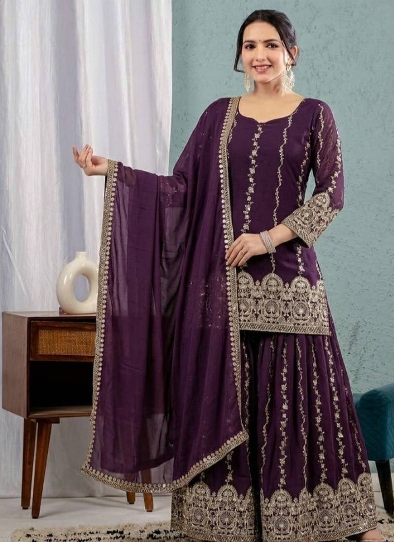 Wine purple embroidery crunchy silk full stitched sarara plazo