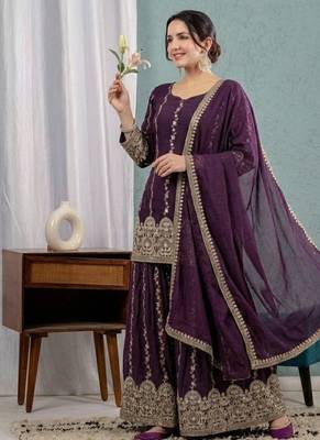 Wine purple embroidery crunchy silk full stitched sarara plazo 3