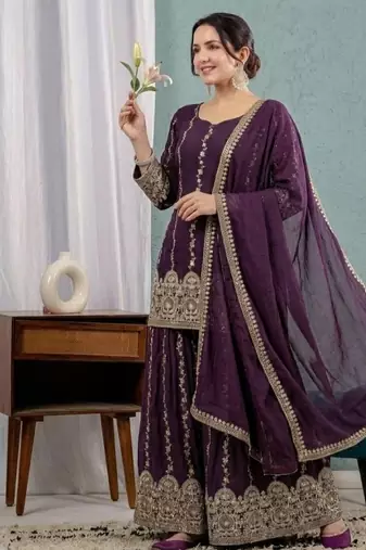 Wine purple embroidery crunchy silk full stitched sarara plazo
