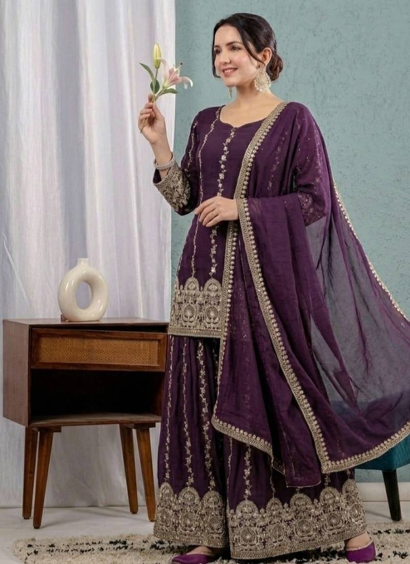 Wine purple embroidery crunchy silk full stitched sarara plazo