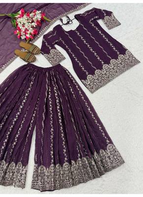 Wine purple embroidery crunchy silk full stitched sarara plazo 4