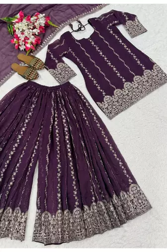Wine purple embroidery crunchy silk full stitched sarara plazo