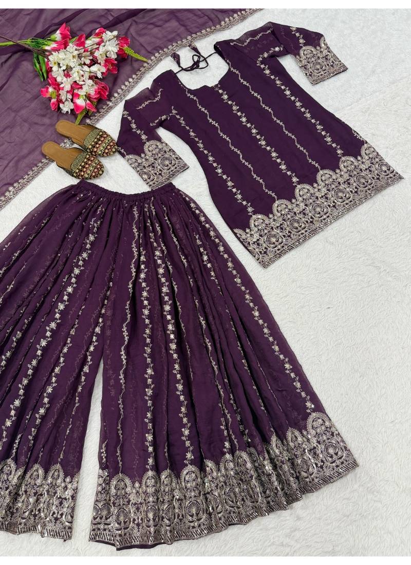 Wine purple embroidery crunchy silk full stitched sarara plazo