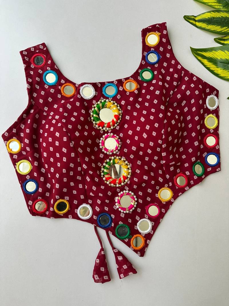 Wine navratri bandhani mirror work blouse