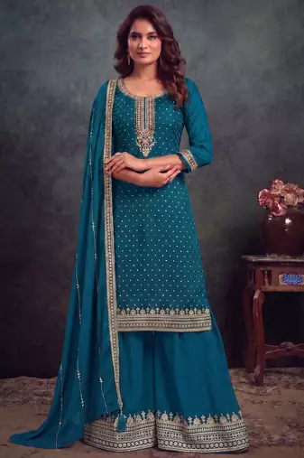 festival wear aqua blue palaazo suit set for women silk blend 