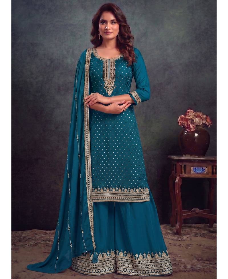 festival wear aqua blue palaazo suit set for women silk blend 