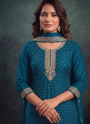 festival wear aqua blue palaazo suit set for women silk blend  2