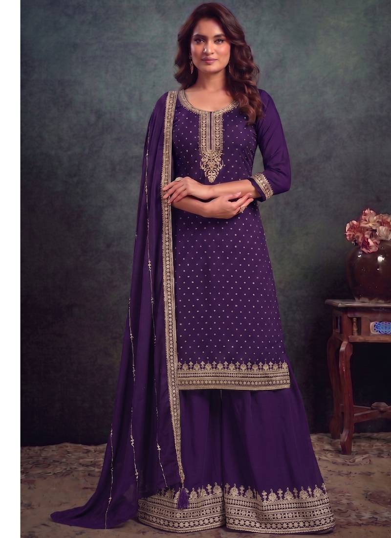 festival wear purple palaazo suit set for women silk blend 