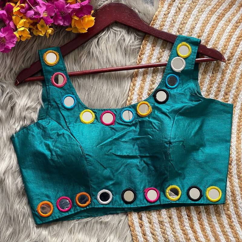 Blue bollywood style navratri mirror work blouse