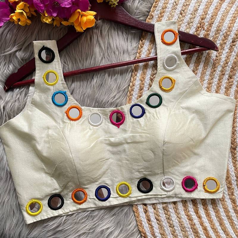 White bollywood style navratri mirror work blouse