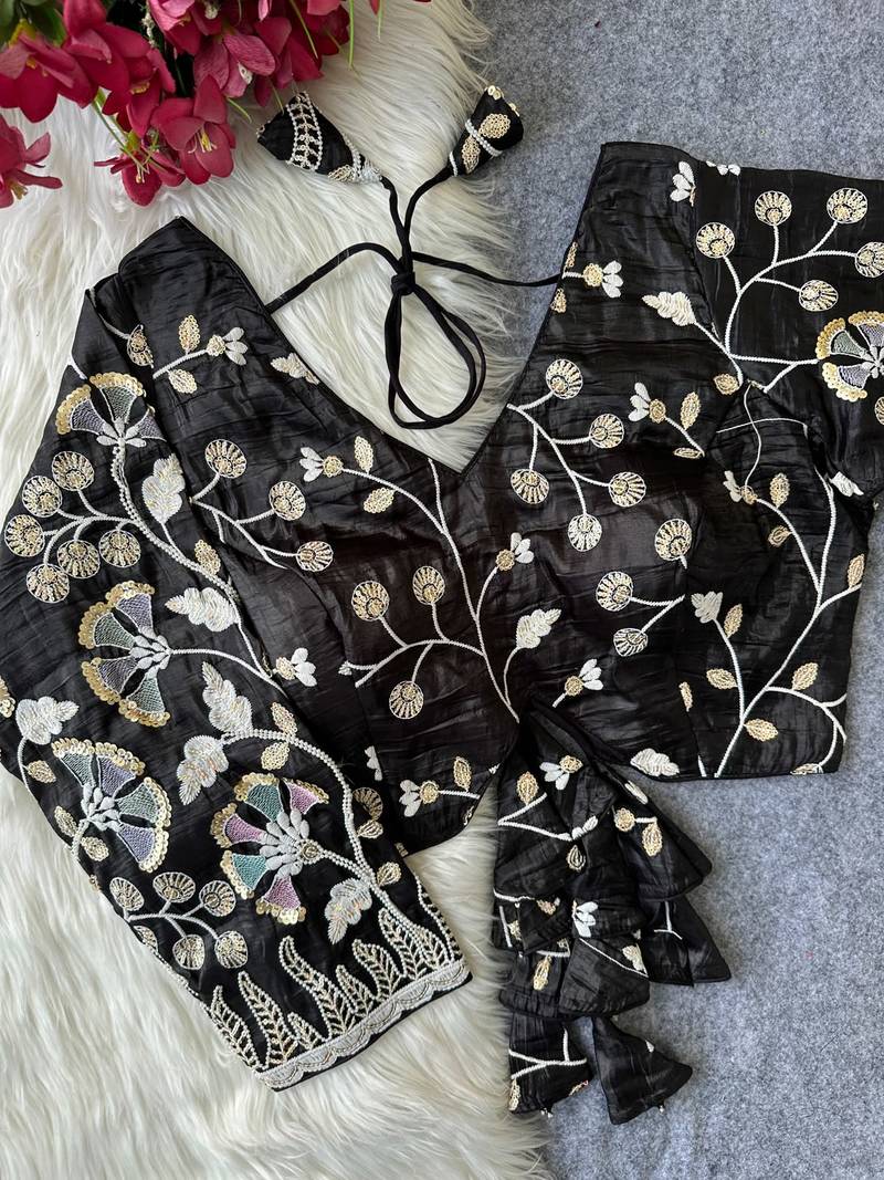 Black navratri embroidered space silk blend designer blouse