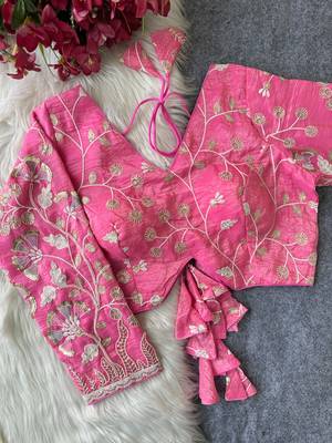 Pink navratri embroidered space silk blend designer blouse 1