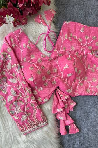 Pink navratri embroidered space silk blend designer blouse