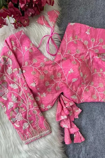 Pink navratri embroidered space silk blend designer blouse