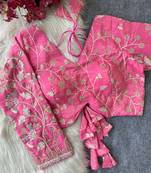 Pink navratri embroidered space silk blend designer blouse