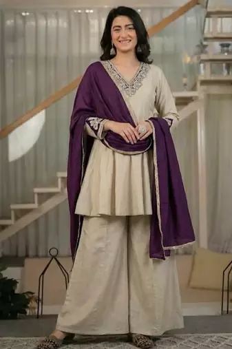Beige embroidery vichitra silk full stitched sarara plazo