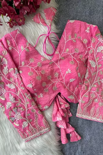Pink navratri embroidered space silk blend designer blouse