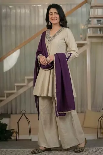 Beige embroidery vichitra silk full stitched sarara plazo