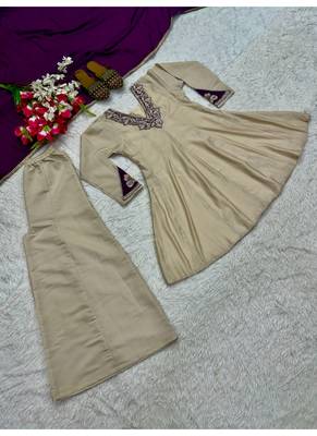 Beige embroidery vichitra silk full stitched sarara plazo 4