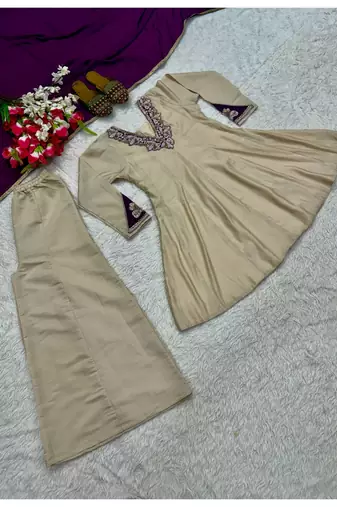 Beige embroidery vichitra silk full stitched sarara plazo