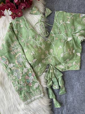Green navratri embroidered space silk blend designer blouse 1