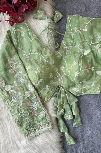 Green navratri embroidered space silk blend designer blouse