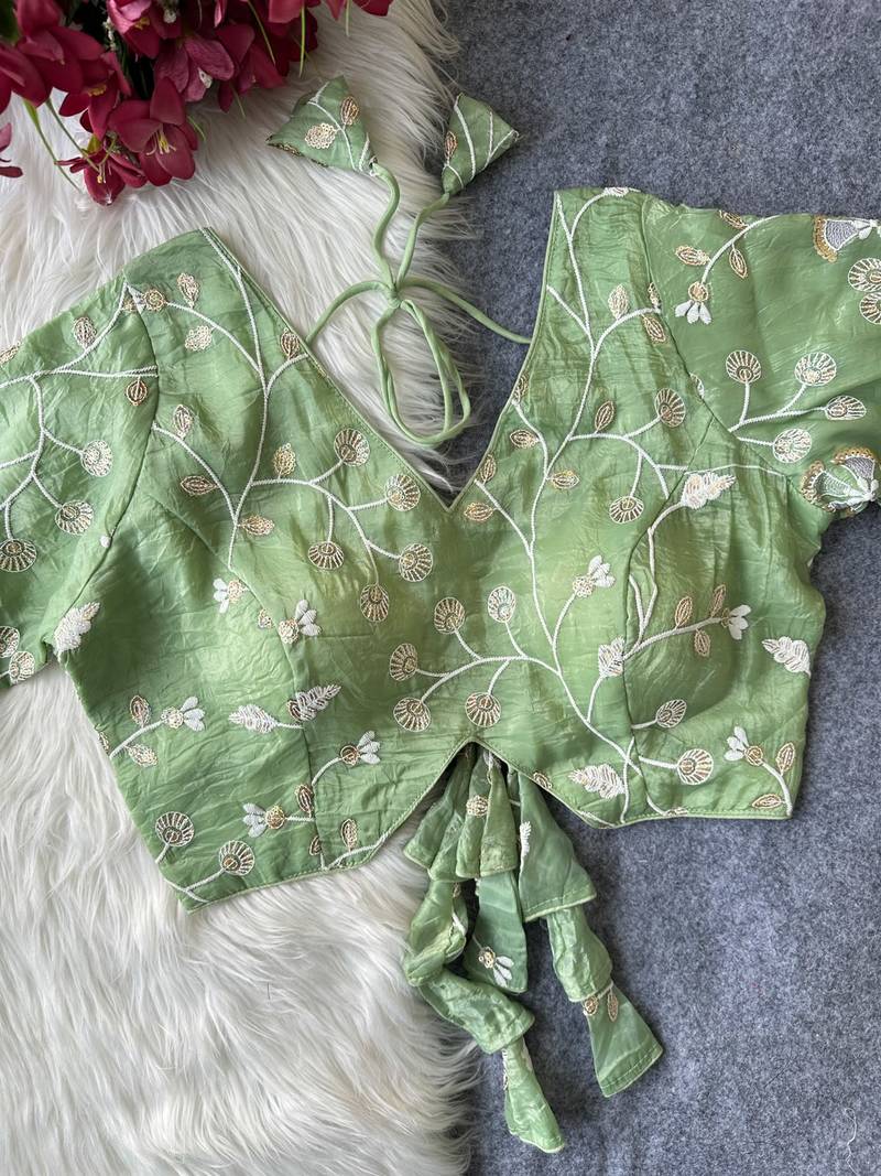 Green navratri embroidered space silk blend designer blouse