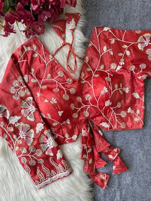 Red navratri embroidered space silk blend designer blouse 1