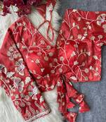 Red navratri embroidered space silk blend designer blouse