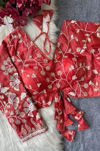 Red navratri embroidered space silk blend designer blouse