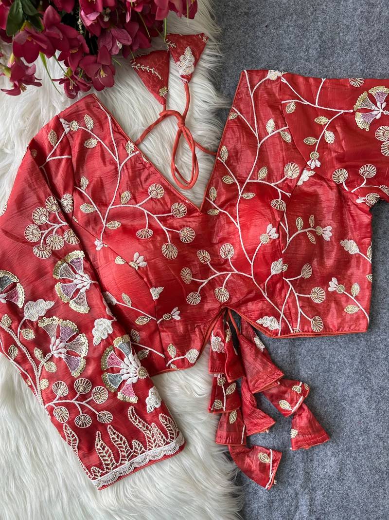 Red navratri embroidered space silk blend designer blouse