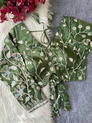 Green navratri embroidered space silk blend designer blouse 1