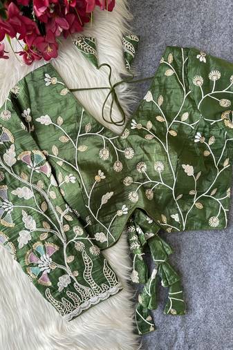 Green navratri embroidered space silk blend designer blouse