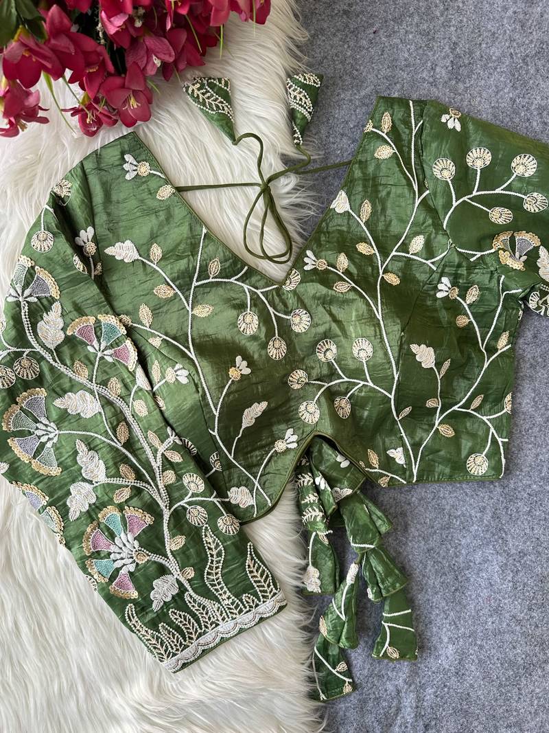 Green navratri embroidered space silk blend designer blouse
